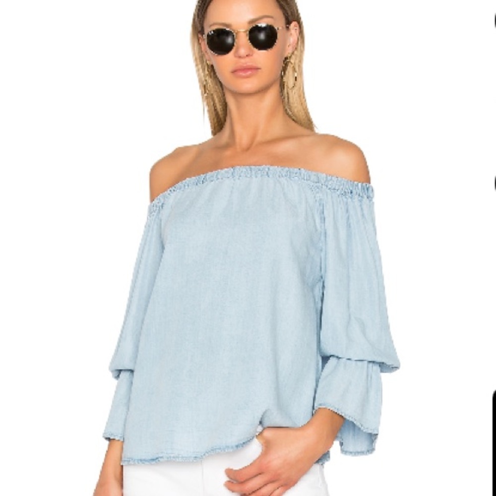 Sanctuary Charlotte Off Shoulder Top in Sun Bleached Chambray XS